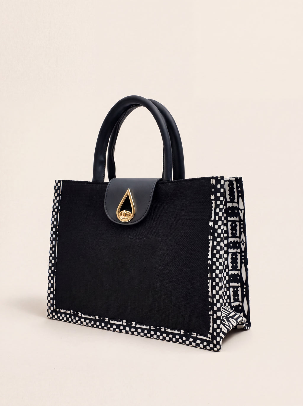 Cabas Opulentia noir aux bordures wax noir et blanc et fermoir goutte doré, ELVI CREATION