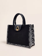Cabas Opulentia noir aux bordures wax noir et blanc et fermoir goutte doré, ELVI CREATION