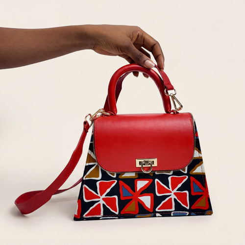 Sac Bijoux rouge à rabat uni et wax aux motifs organiques, ELVI CREATION