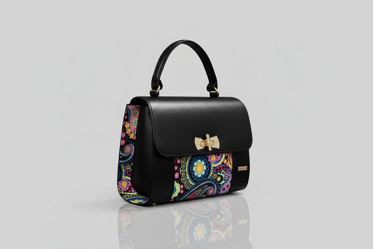 ELVI CREATION black vegan leather handbag with colorful paisley wax fabric sides and gold hardware.
