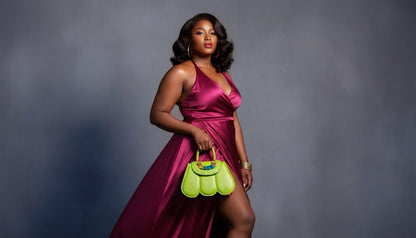 ELVI CREATION Cupidon signature bag in lime green vegan leather with sculptural petals and gold hardware. Includes strap.