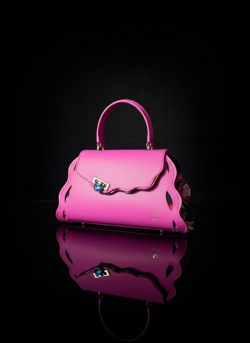 ELVI CREATION Le Trésor pink vegan leather handbag with wavy edges and gold hardware, floral lining.