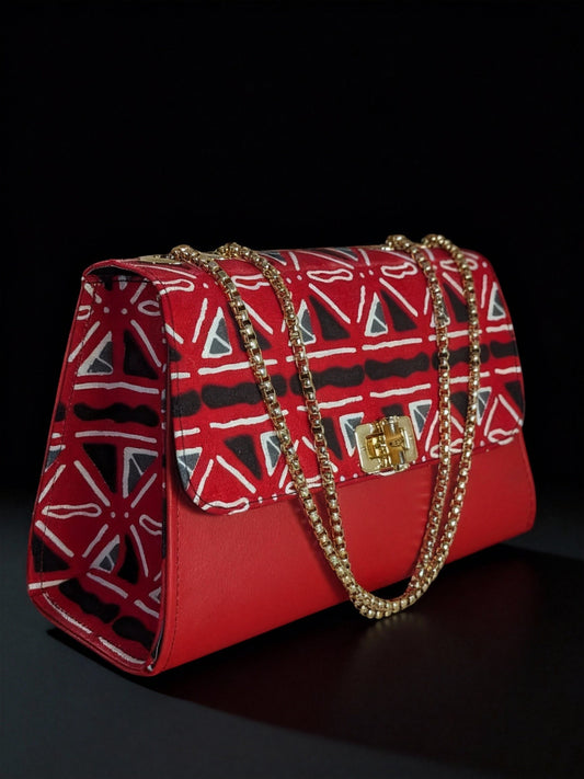 ELVI CREATION ROSA red patterned fabric and leather handbag with gold chain strap, perfect for evenings or work.