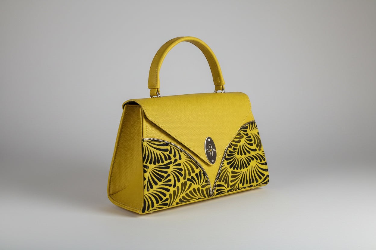 ELVI CREATION Le Saphir yellow vegan leather handbag with black wax pattern and silver oval clasp.