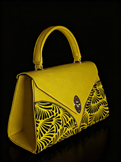 ELVI CREATION Le Saphir yellow vegan leather handbag with black wax pattern and silver hardware.