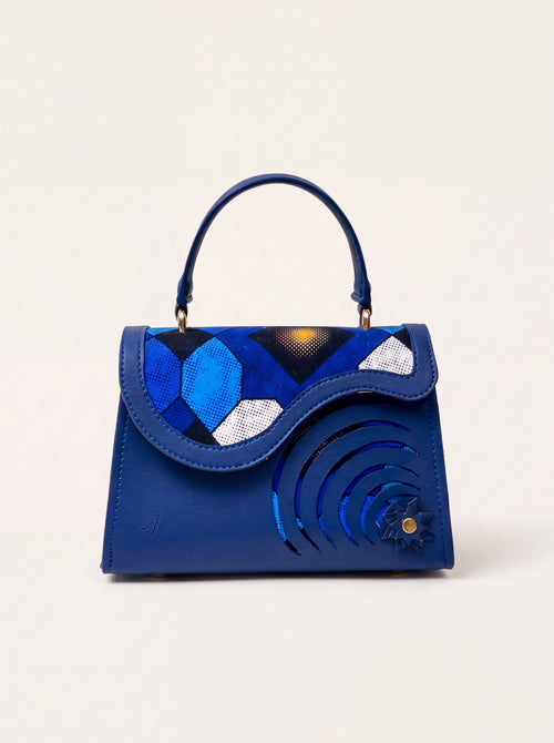 Sac Elsha bleu de face, arcs découpés sur wax, ELVI CREATION