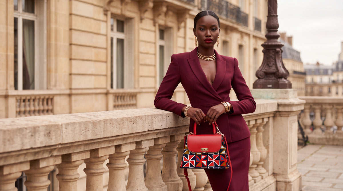 Femme en tailleur bordeaux sur un balcon parisien, sac Bijoux rouge ELVI CREATION à la main