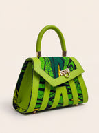 Sac Palma vert citron au wax feuillage vert, noir et jaune, ELVI CREATION fait main à Lomé